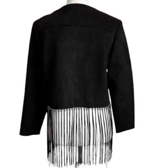 Zara Faux Suede Open Front  Jacket with Beaded Fringe in Dark Black Women’s M - Picture 5 of 12